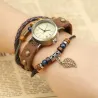 Vintage mehrschichtiges Lederarmband - mit Quarzuhr / Perlen