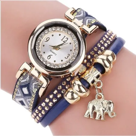 Pulseira multicamadas - com relógio / strass / elefante