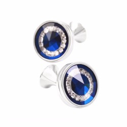Gemelli rotondi in vetro blu / cristalli - argento