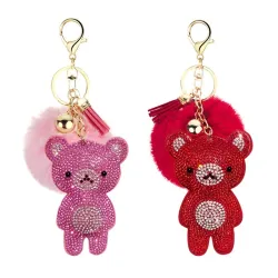 Krystal bamse med pels pom pom - nøglering