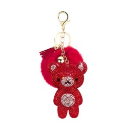 Crystal teddy bear with fur pom pom - keychainKeyrings