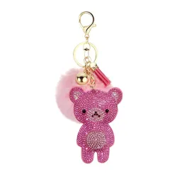 Krystal bamse med pels pom pom - nøglering