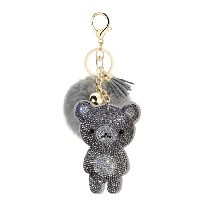 Krystallbamse med pels pom pom - nøkkelring