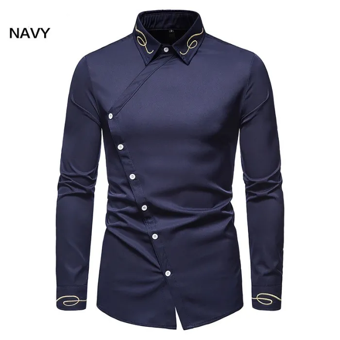 Camicia asimmetrica a maniche lunghe - ricamo dorato decorativo
