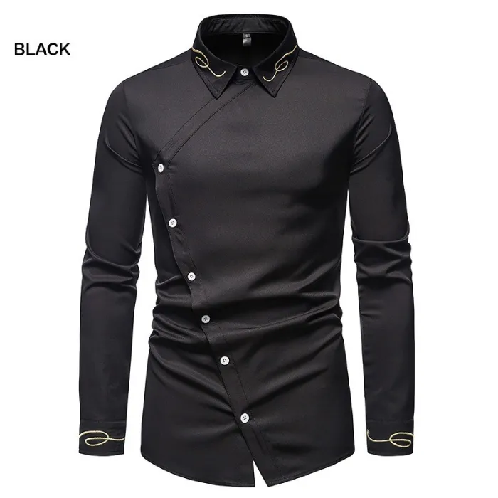 Camisa assimétrica de manga comprida - bordado dourado decorativo