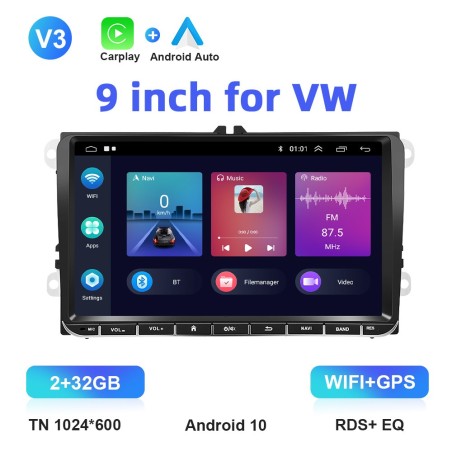 Bilradio - 2 Din - 9 tommer - Android 10 - 2GB - 32GB - Bluetooth - GPS - carplay - for Volkswagen Golf 5 6 Passat