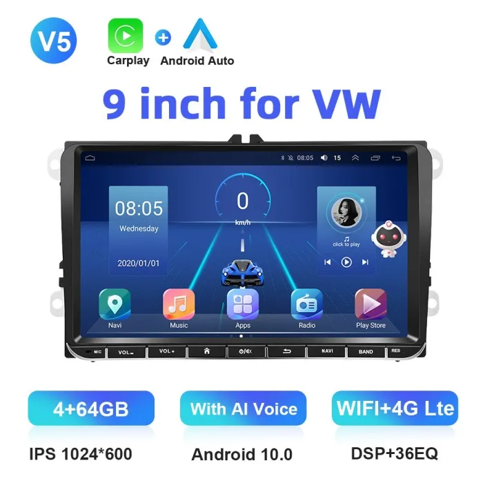 Bilradio - 2 Din - 9 tommer - Android 10 - 4GB - 64GB - Bluetooth - GPS - carplay - til Volkswagen Golf 5 6 Passat