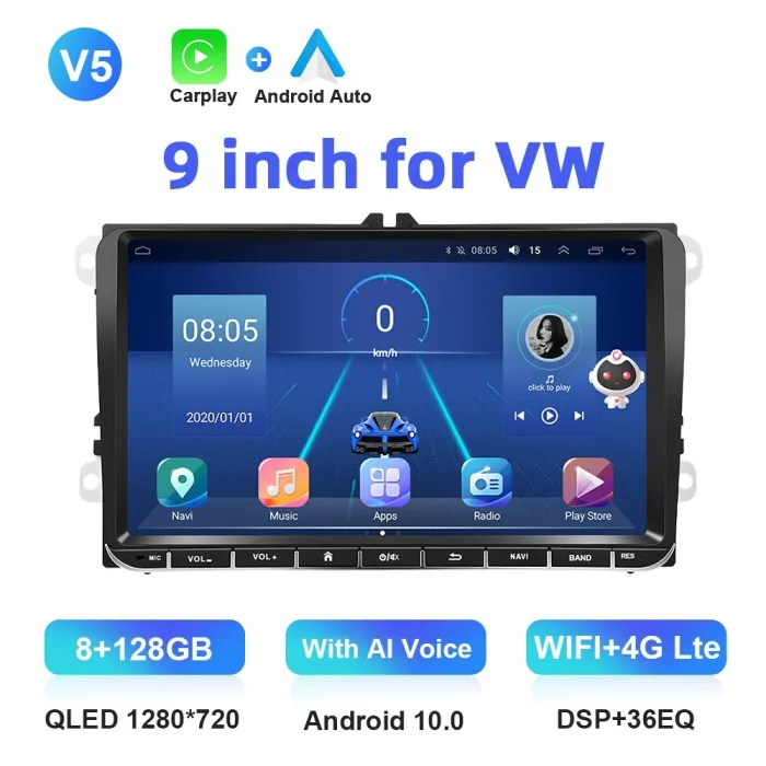 Auto-rádio - 2 Din - 9 polegadas - Android 10 - 8GB - 128GB - Bluetooth - GPS - carplay - para Volkswagen Golf 5 6 Passat