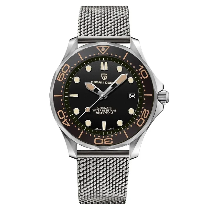 PAGANI - montre automatique en acier inoxydable - bracelet en maille - étanche - noir