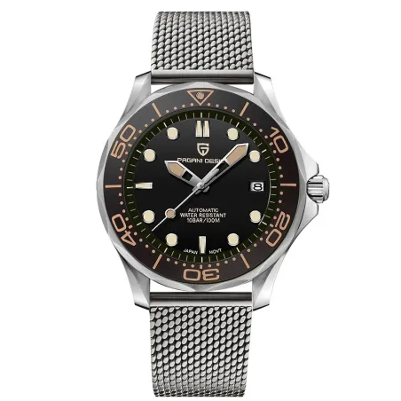 PAGANI - montre automatique en acier inoxydable - bracelet en maille - étanche - noir