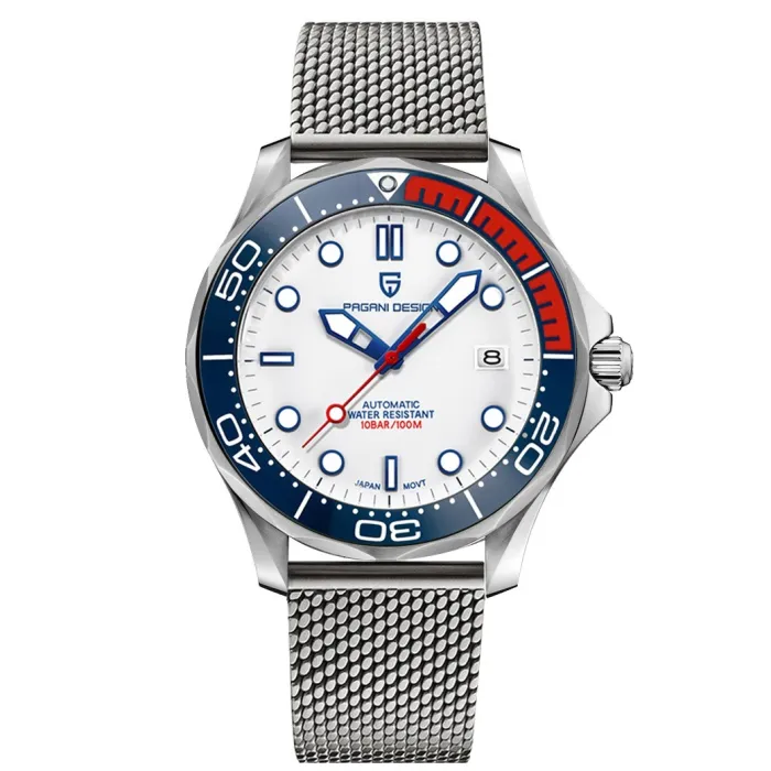 PAGANI - montre automatique en acier inoxydable - bracelet en maille - étanche - blanc