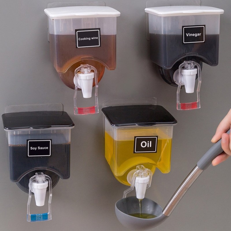 Distribuidor de óleo / líquido / vinagre - recipiente transparente com tampa - montado na parede