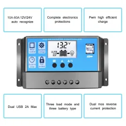 Automatyczny kontroler ładowania paneli słonecznych - kontroler PWM - wyświetlacz LCD - podwójne USB - 12V - 24VKontrolery