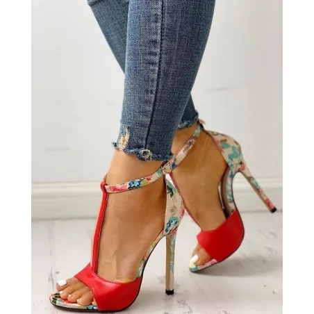 Sexede højhælede sandaler - ankelrem - blomsterprint