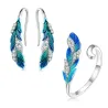 Elegante conjunto de joias - brincos - anel - pena azul esverdeada com cristais - prata de lei 925