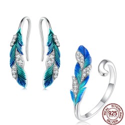 Elegant smykkesæt - øreringe - ring - blågrøn fjer med krystaller - 925 sterling sølv