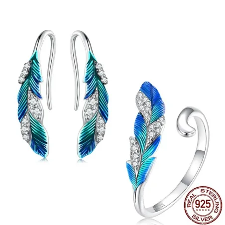 Elegante conjunto de joias - brincos - anel - pena azul esverdeada com cristais - prata de lei 925