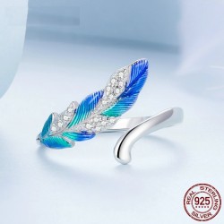 AretesConjunto de bisutería elegante - pendientes - anillo - pluma azul verdosa con cristales - plata de ley 925