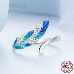 Elegant smykkesett - øredobber - ring - blågrønn fjær med krystaller - 925 sterling sølv
