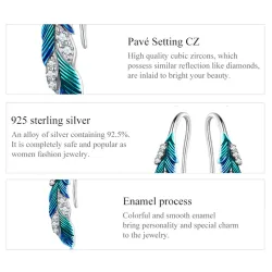 Elegant jewellery set - earrings - ring - blue-green feather with crystals - 925 sterling silverEarrings