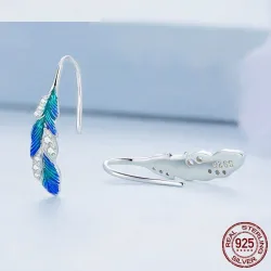 Grønnblå krystallfjær - øredobber - 925 sterling sølv