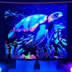 Fluorescent wall tapestry - luminous turtle - underwater world printed