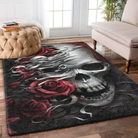 Tapis décoratif géométrique - antidérapant - tête de mort / roses