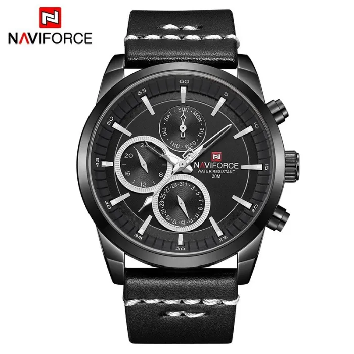 NAVIFORCE - moderigtigt Quartz ur - læderrem - vandtæt - sort