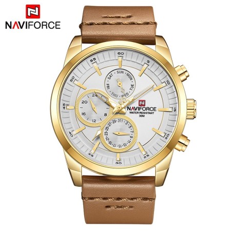 NAVIFORCE - modny zegarek kwarcowy - skórzany pasek - wodoodporny - złoty / białyZegarki
