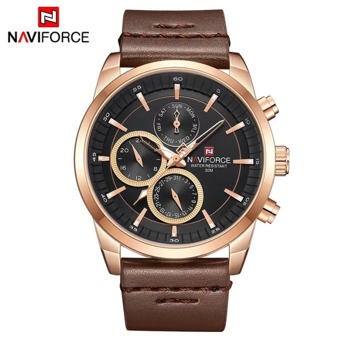 NAVIFORCE - moderigtigt Quartz ur - læderrem - vandtæt - rosa guld / sort