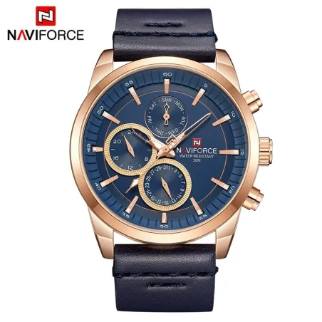 NAVIFORCE - moderiktig Quartz-klocka - läderband - vattentät - roséguld / blå
