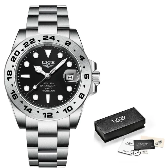 LIGE - Montre à quartz en acier inoxydable - étanche - noir