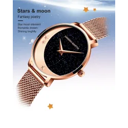 Relógio elegante de quartzo - pulseira de malha de aço inoxidável - lua / estrelas
