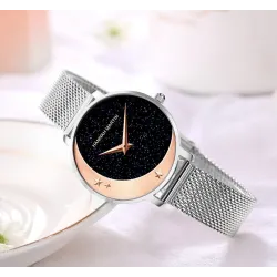 Relógio elegante de quartzo - pulseira de malha de aço inoxidável - lua / estrelas
