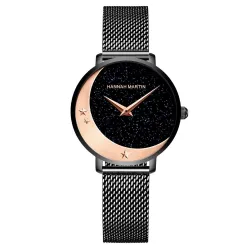Relógio elegante de quartzo - pulseira de malha de aço inoxidável - lua / estrelas