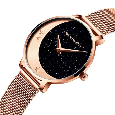 Elegancki zegarek kwarcowy - siatkowy pasek ze stali nierdzewnej - księżyc / gwiazdyZegarki