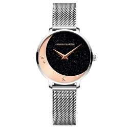 Relógio elegante de quartzo - pulseira de malha de aço inoxidável - lua / estrelas