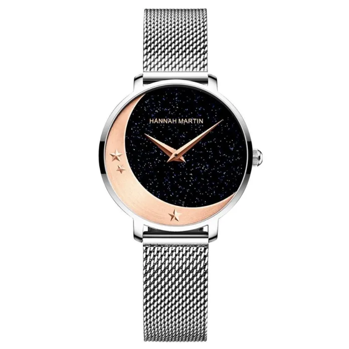 Relógio elegante de quartzo - pulseira de malha de aço inoxidável - lua / estrelas