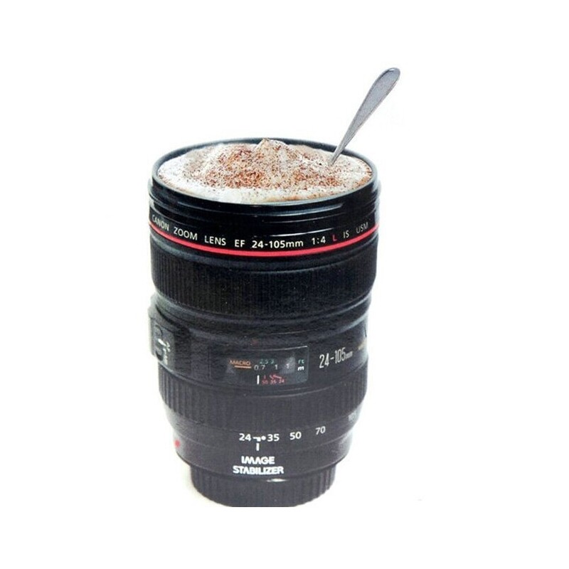 Caneca de café de plástico - design de lente de câmera - 420 ml
