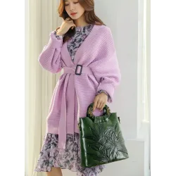 Elegant skuldertaske i læder - trykte blomster