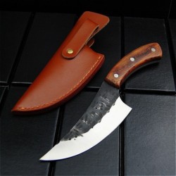 Multifunktionel kniv - bred stålklinge - træskaft - med læderpose