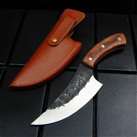 Multifunctional knife - steel wide blade - wooden handle - with leather pouchKnives & Multitools