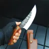 Multifunksjonell kniv - bredt blad av stål - trehåndtak - med lærveske