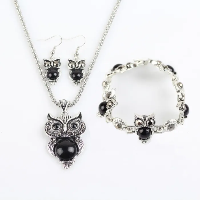 Conjunto de joias vintage com corujas - brincos / colar / pulseira