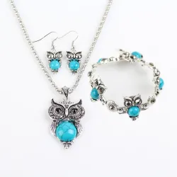 Conjunto de joias vintage com corujas - brincos / colar / pulseira