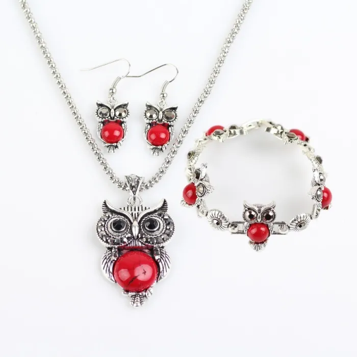 Conjunto de joias vintage com corujas - brincos / colar / pulseira