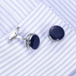 Boutons de manchette ronds en argent avec émail bleu