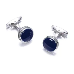 Boutons de manchette ronds en argent avec émail bleu