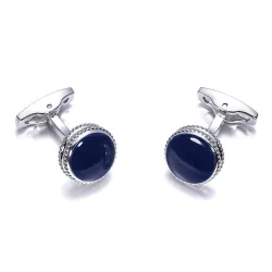 Boutons de manchette ronds en argent avec émail bleu