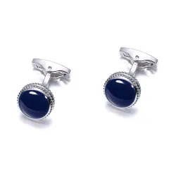 Round silver cufflinks with blue enamelCufflinks